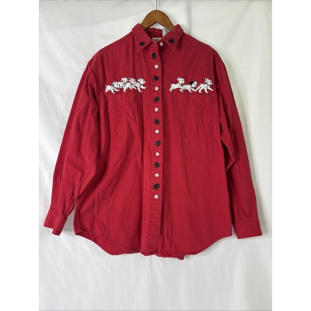 Vtg Disney Store 101 Dalmatians Red Embroidered Button Up Women's XL Shirt Retro